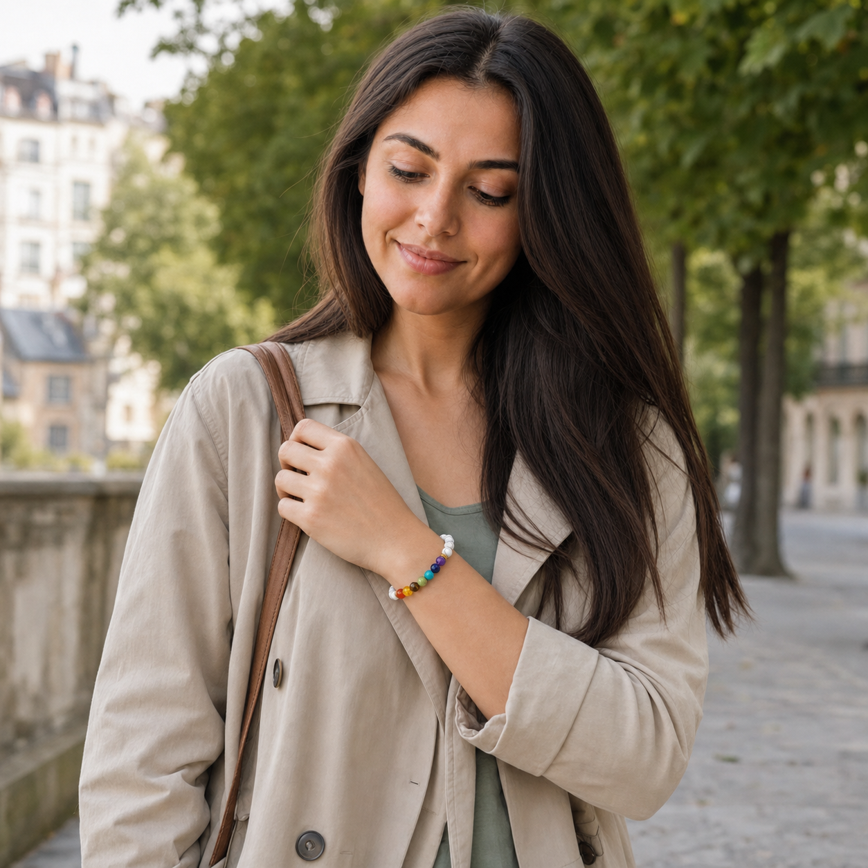 Model trägt ein weißes Chakra Armband im Stadtpark
