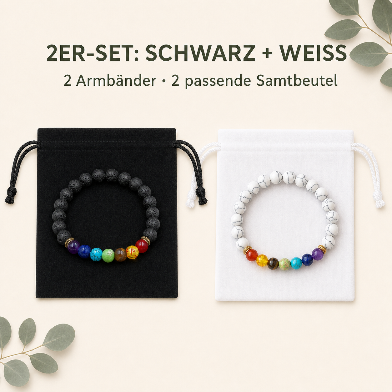 Partner-Set aus schwarzem und weißem Chakra-Armband mit Samtbeuteln