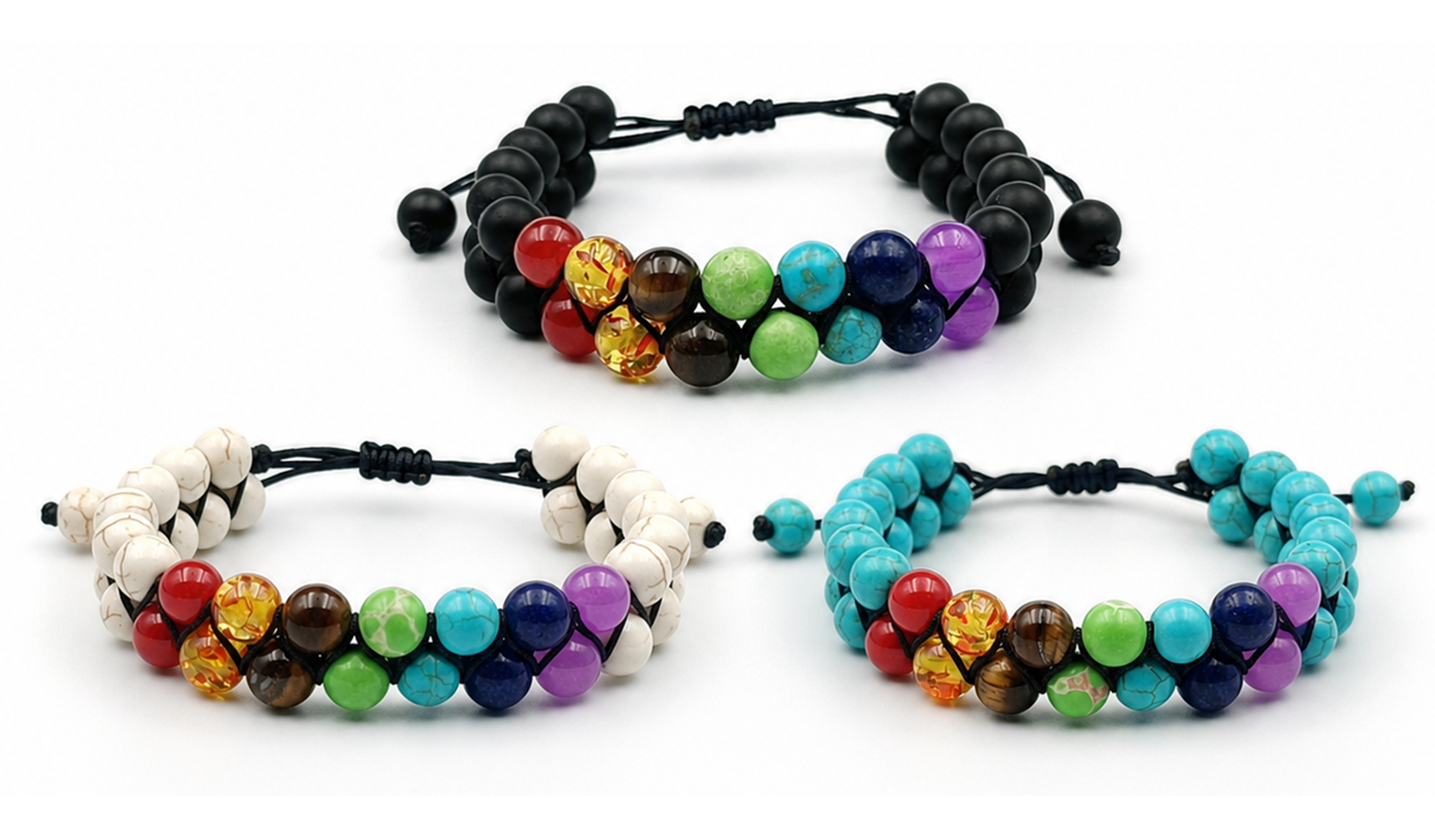 Chakra-Doppelarmband in Schwarz, Weiß und Türkis
