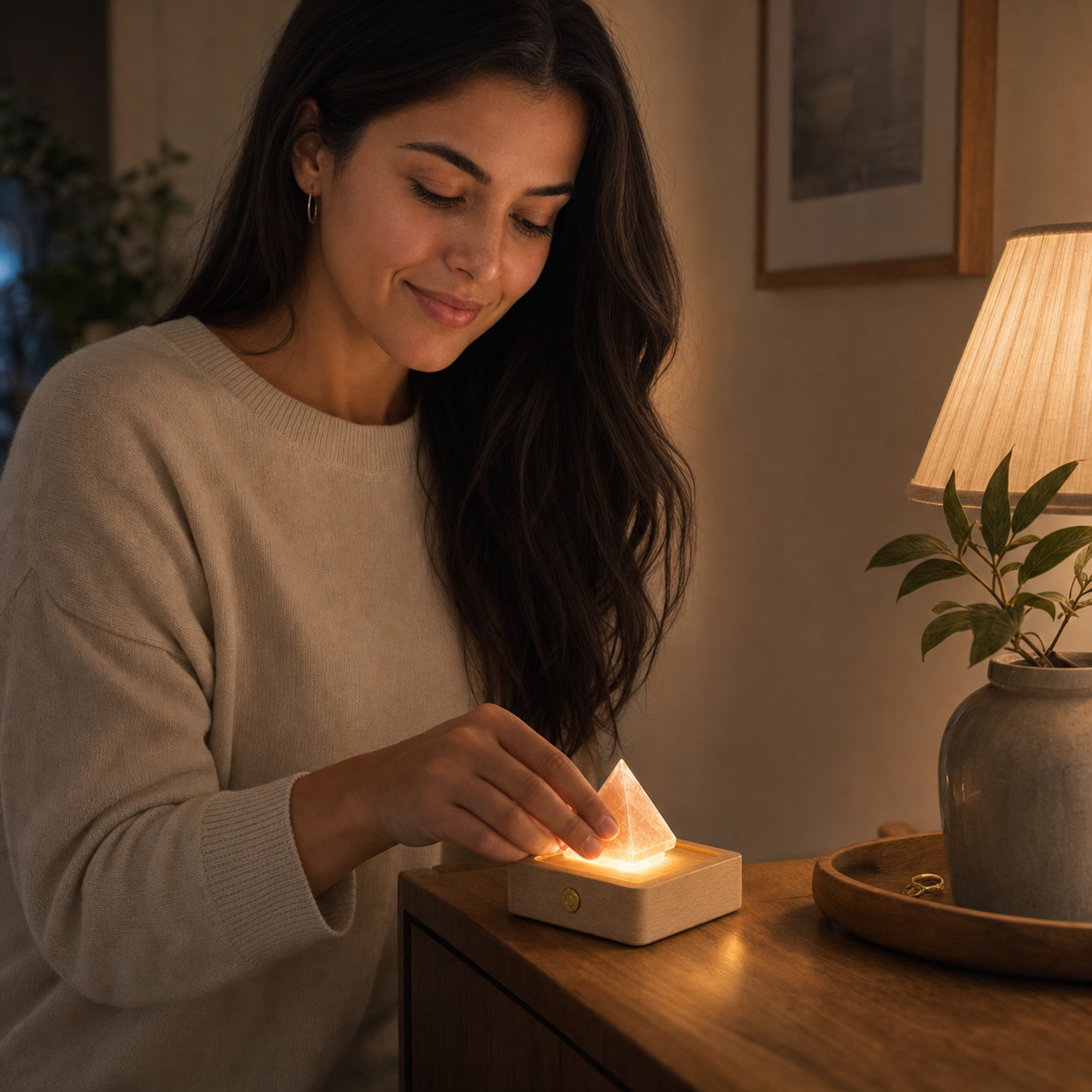 Aura Home Living Model platziert eine Orgonit-Pyramide auf einem LED Holzsockel