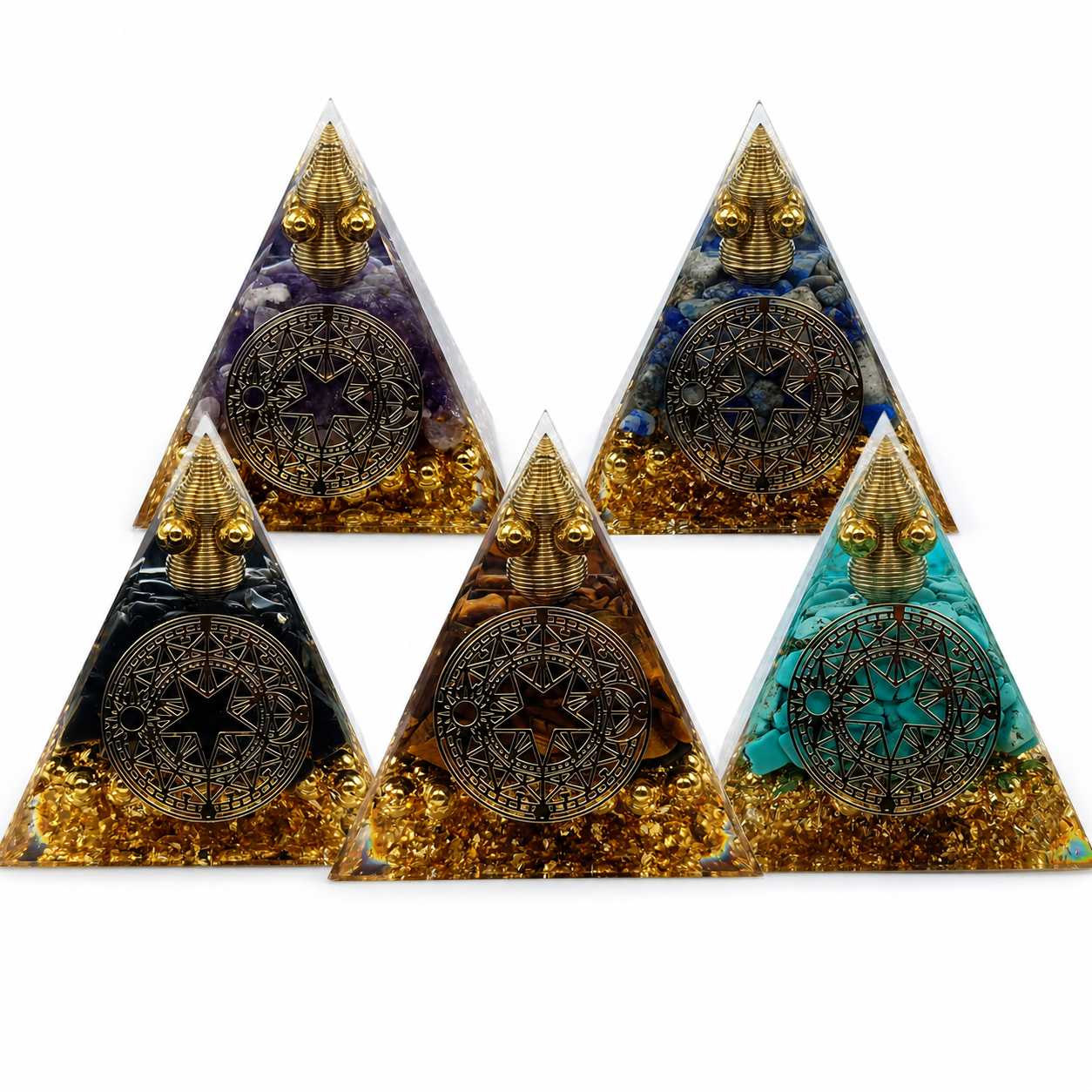 Orgonit Pyramiden in fünf Designs