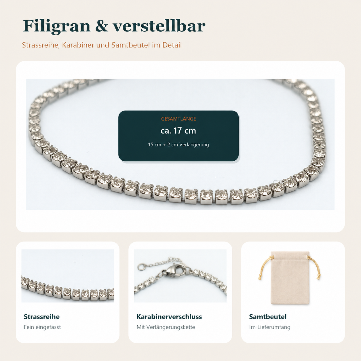 Details zu Länge, Verschluss und Samtbeutel